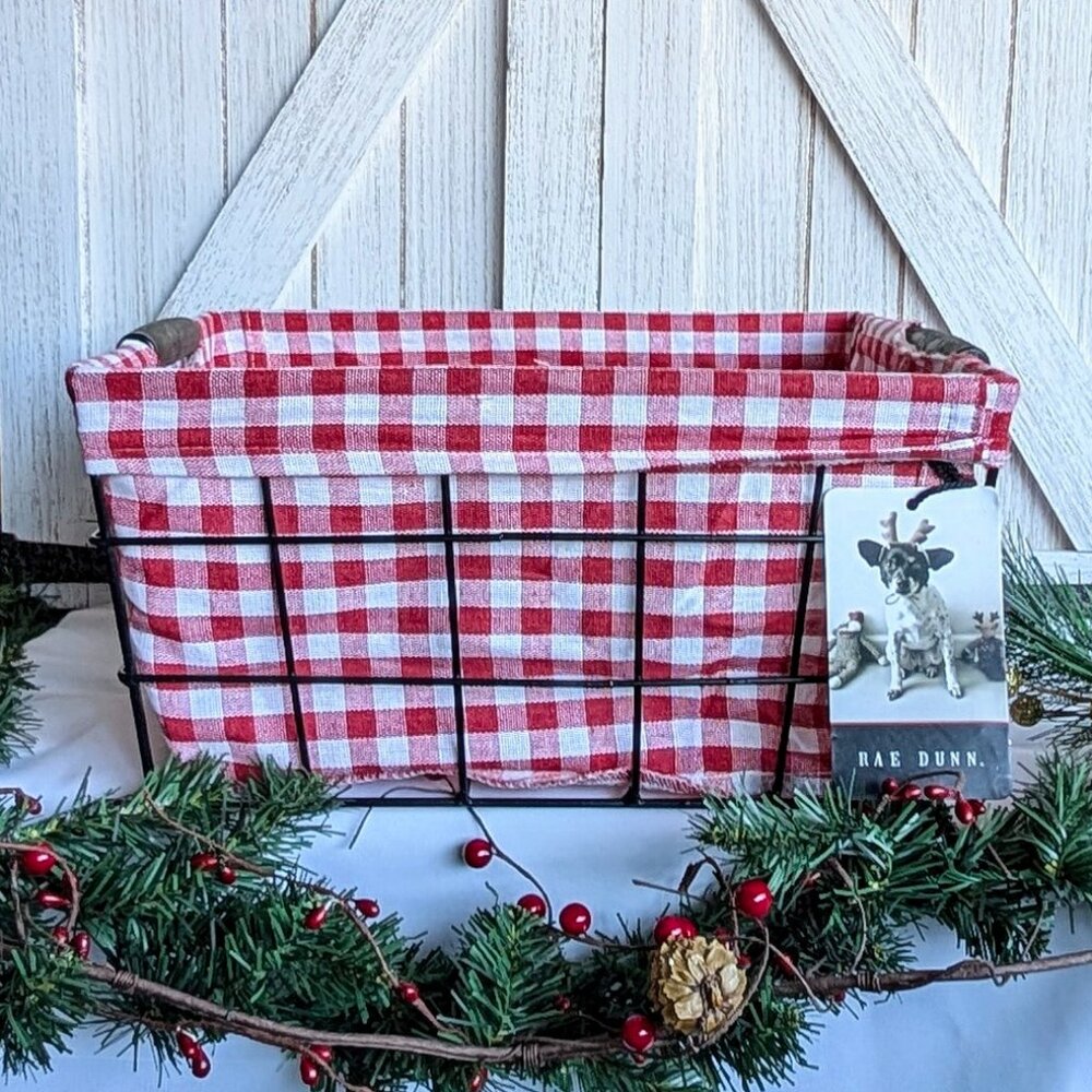 NWT- Rae Dunn Festive Wired Basket With Red & White Checkered Liner